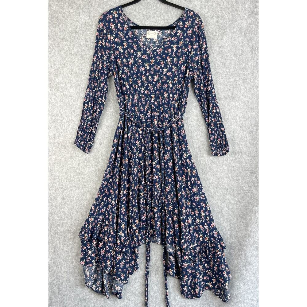 Mia Joy Dress‎ Womens Large Blue Floral Asymmetrical V Neck Ruffle Cottage Boho